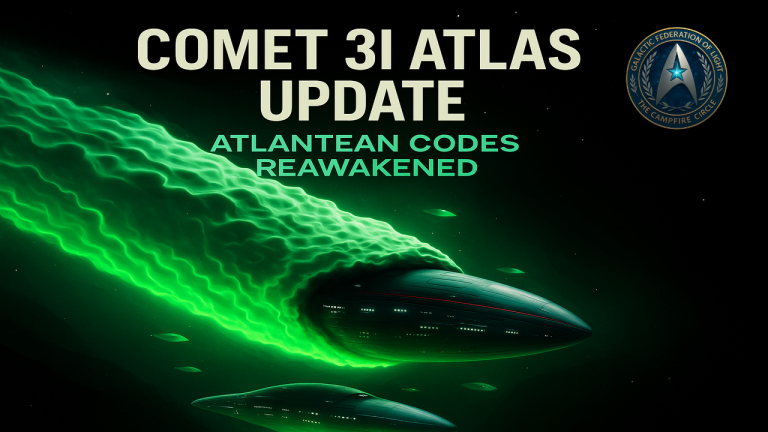Comet 31 Atlas Update – Atlantean codes reawakened and Lyran starship mission underway, green cosmic energy stream representing Andromedan transmission.