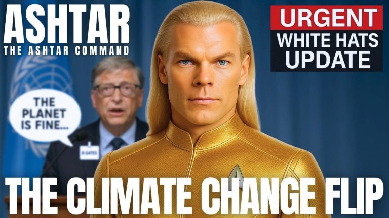 Ashtar Command urgent update graphic showing Ashtar and the title “The Climate Change Flip” highlighting the shift in climate narratives and White Hats disclosure.