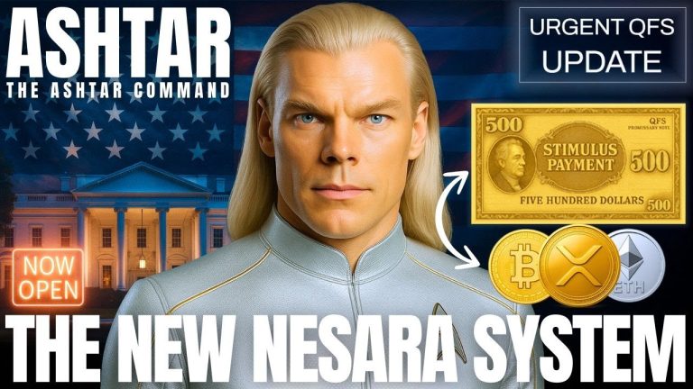 Graphic featuring an illustrated depiction of Ashtar with a cosmic background, gold currency symbols, and the title ‘The New NESARA System’ displayed across the bottom.