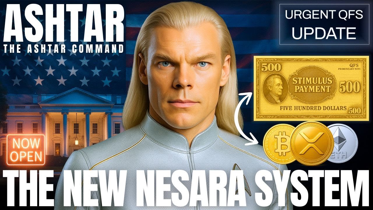Gráfico que presenta una representación ilustrada de Ashtar con un fondo cósmico, símbolos de moneda de oro y el título &quot;El nuevo sistema NESARA&quot; en la parte inferior.
