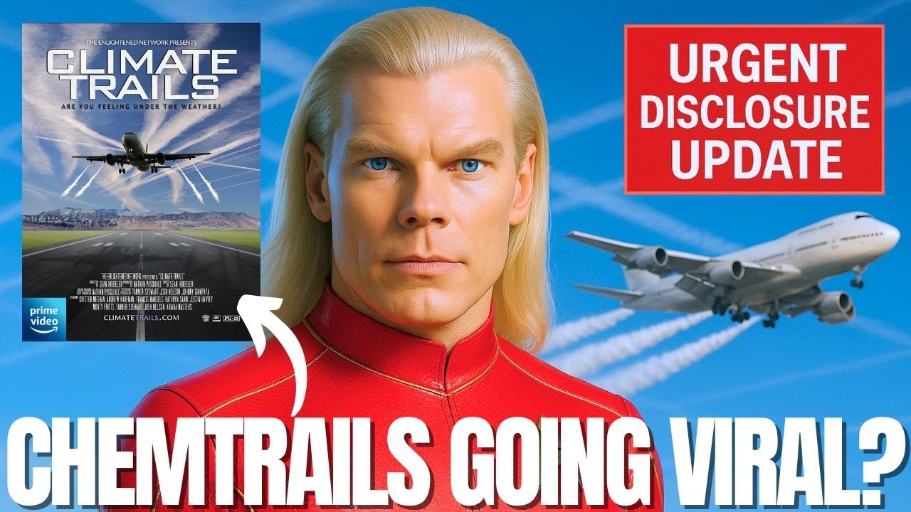 Ashtar Chemtrails Disclosure Graphic — Ashtar standing in red uniform beside aircraft emitting chemtrails, blue atmospheric background with fighter jets, clouds, and bold text “Chemtrails Going Viral?” and “Urgent Disclosure Update,” representing the unveiling of chemtrail manipulation, ascension timelines, and humanity’s awakening to sovereignty in Ashtar’s transmission.