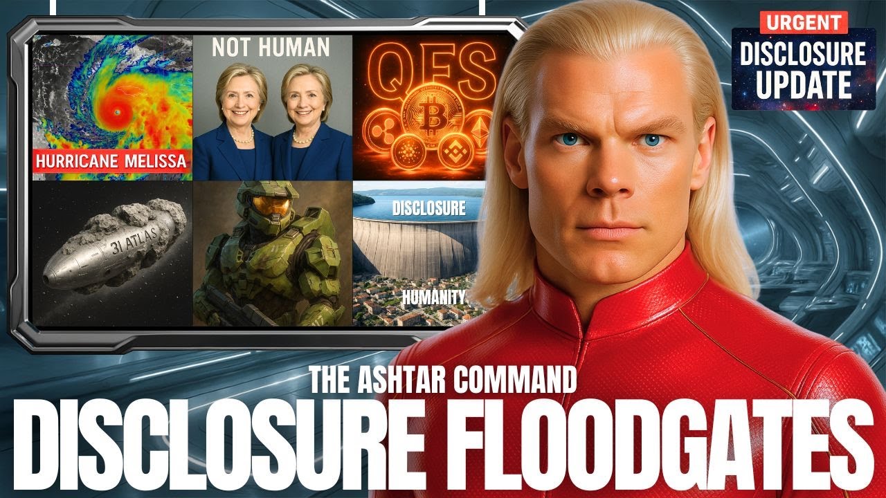 Ashtar Disclosure Floodgates graphic showing Ashtar Command, Solar Flash warnings, galactic disclosure imagery, and 2025 ascension message about Earth’s awakening.