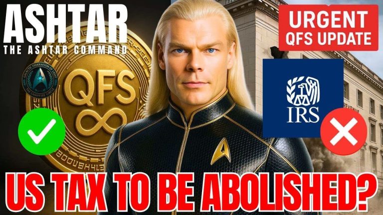 Ashtar Command with QFS symbol and crossed-out IRS icon, representing the end of the old tax system.