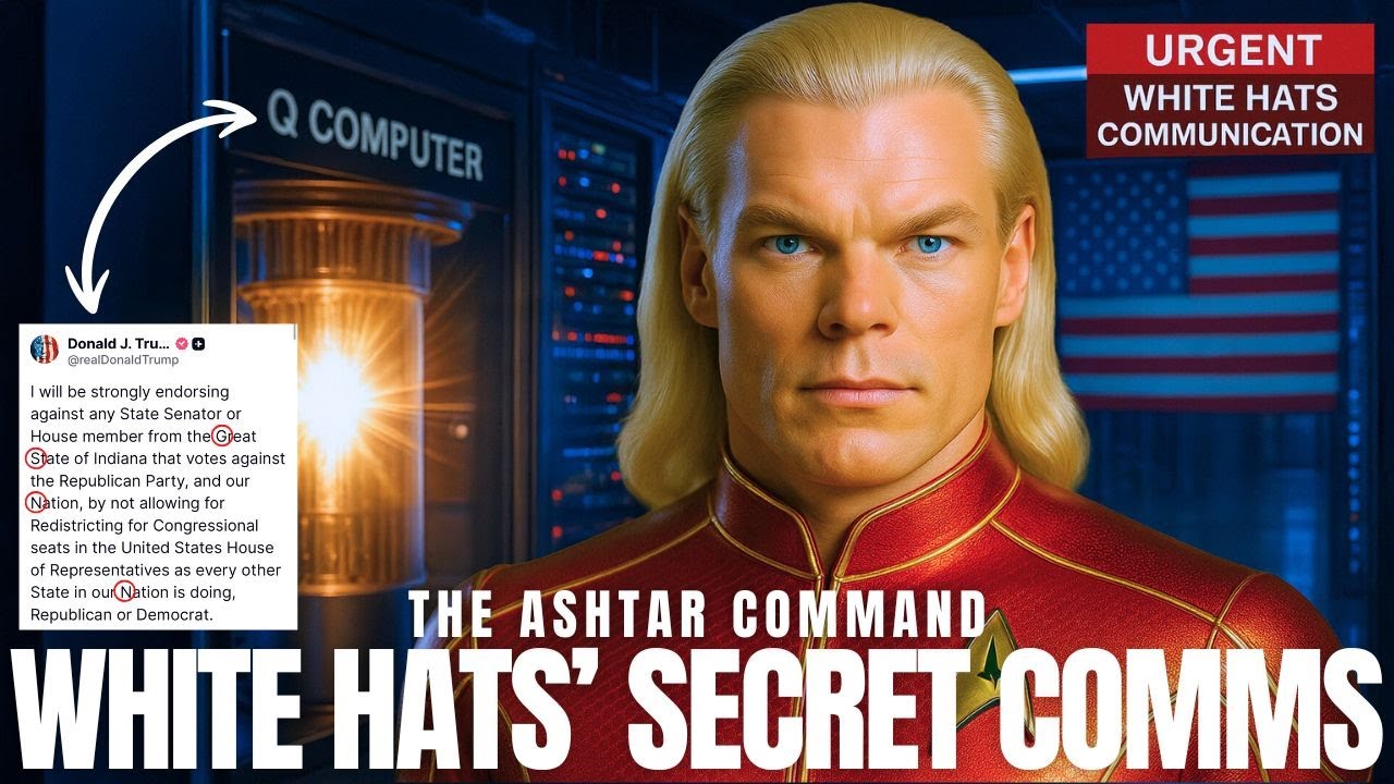 Ashtar Command illustration featuring a Pleiadian figure in a red uniform, with the title White Hats’ Secret Comms displayed over a dark cosmic background with diagrams, symbols, and coded communication imagery.