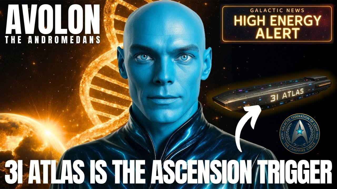 Blue-skinned being from Avalon with golden energy patterns behind him and the title text “3I Atlas is the Ascension Trigger.