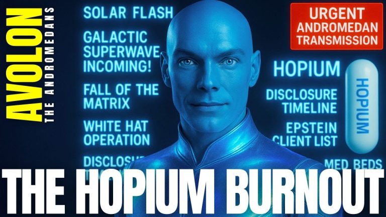 Graphic featuring Avolon of Andromeda with a blue-toned portrait, surrounded by text about solar flash, prophetic burnout, and collective overstimulation. Title reads “The Hopium Burnout.