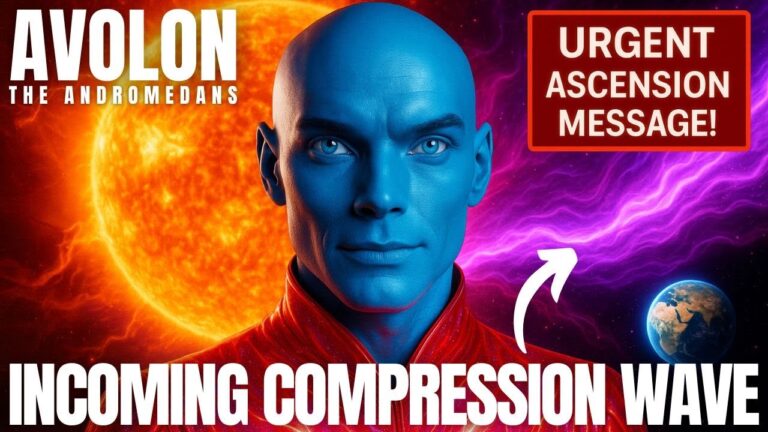 Avolon of the Andromedans delivering an urgent ascension message about an incoming timeline compression wave, with a glowing multidimensional background showing cosmic energies, planetary fields, and a bright 48-hour activation window indicating a major dimensional shift for humanity.