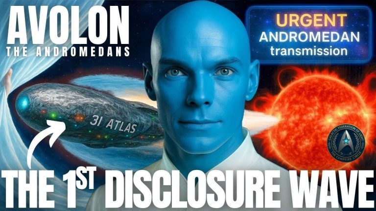 Avolon of the Andromedan Council shown as a blue extraterrestrial being delivering “The 1st Disclosure Wave” transmission, with a starship and planet behind him.