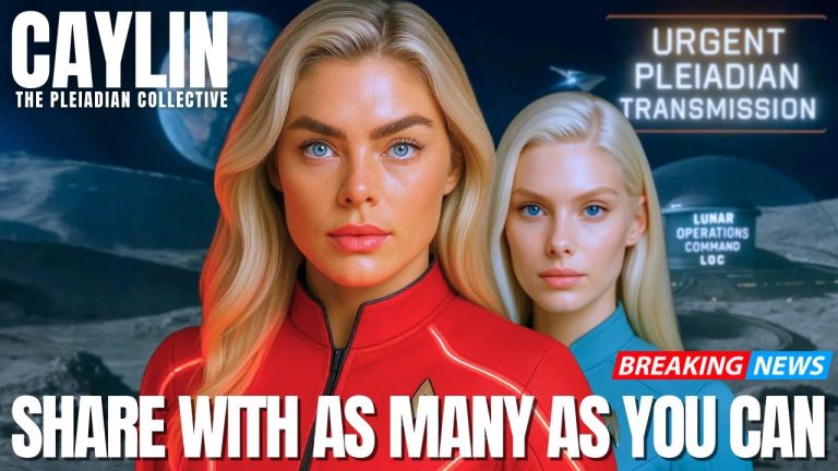 Caylin of the Pleiadians standing before cosmic light with another Pleiadian emissary, symbolizing the Disclosure of the Secret Space Program transmission.