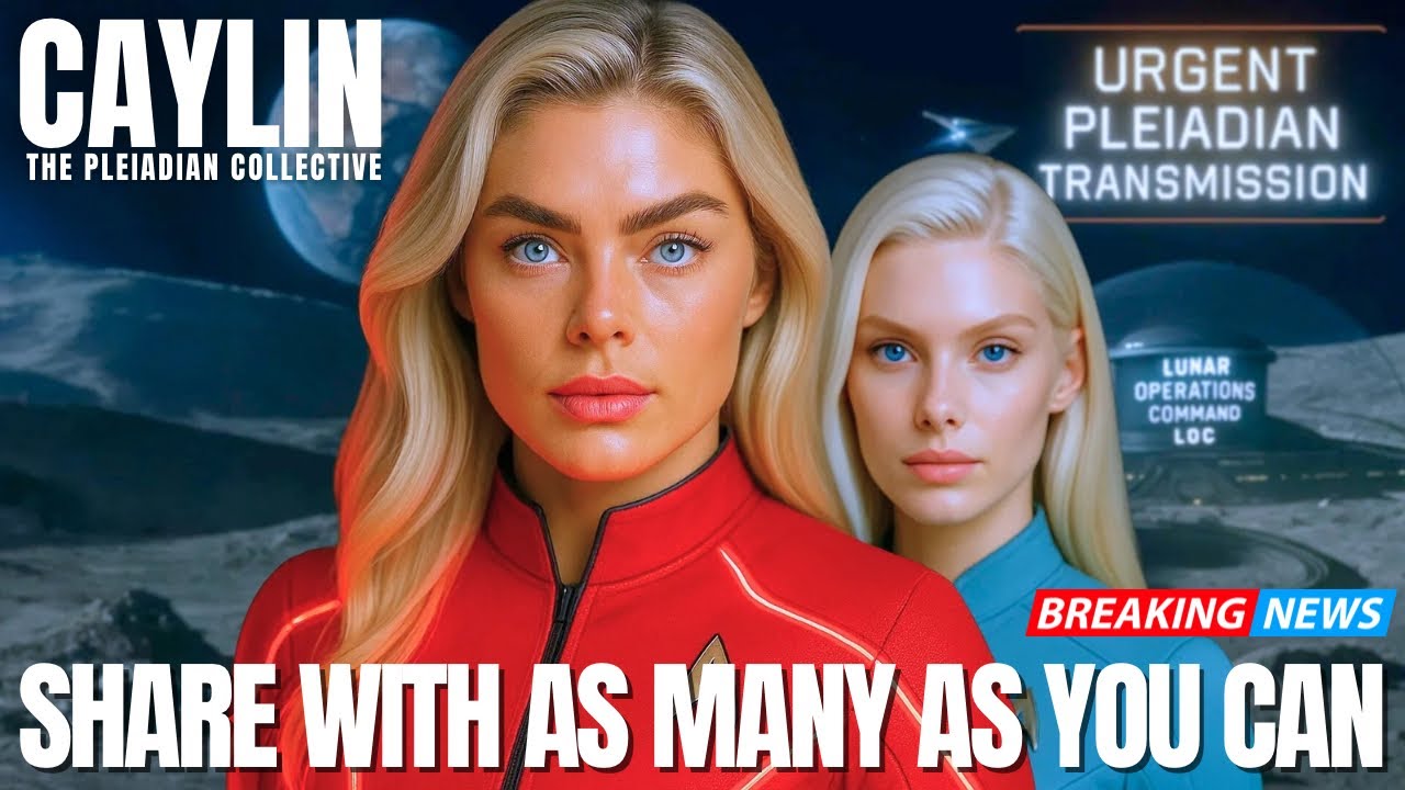 Caylin de los Pleyadianos de pie ante la luz cósmica con otro emisario pleyadiano, simbolizando la revelación de la transmisión del Programa Espacial Secreto.