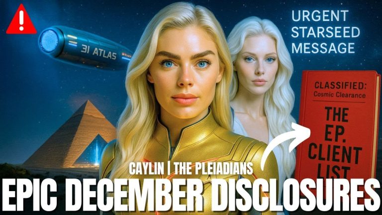 Epic December Disclosures thumbnail featuring Caylin with a galactic background, pyramid, starship, and urgent disclosure banners, symbolizing the December global disclosure tsunami and the fall of hidden cabal systems