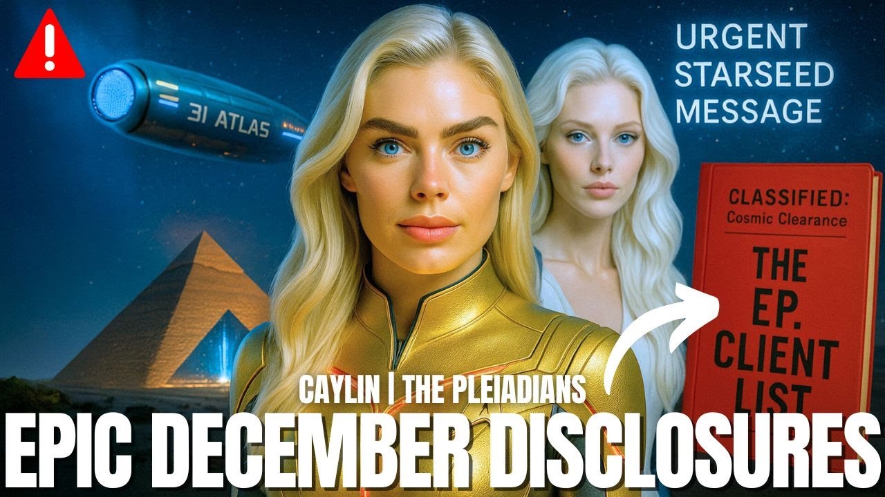 Epic December Disclosures thumbnail featuring Caylin with a galactic background, pyramid, starship, and urgent disclosure banners, symbolizing the December global disclosure tsunami and the fall of hidden cabal systems