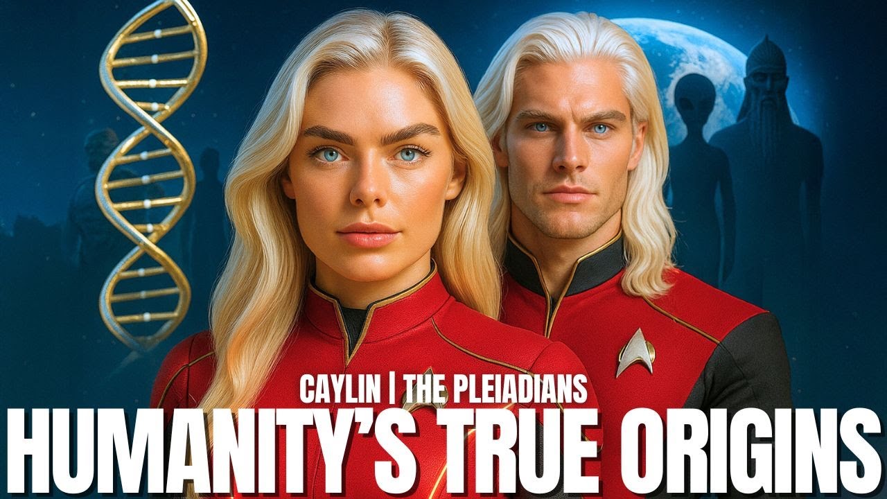 A cosmic-themed image featuring two advanced Pleiadian beings with luminous eyes and long blonde hair standing against a deep blue starfield, symbolizing humanity’s extraterrestrial origins. Beside them, a glowing double-helix DNA strand represents the multidimensional construction of human genetics and the star civilizations involved in Earth’s creation. The graphic conveys themes of disclosure, cosmic ancestry, awakening DNA, and humanity’s true origins beyond Earth.
