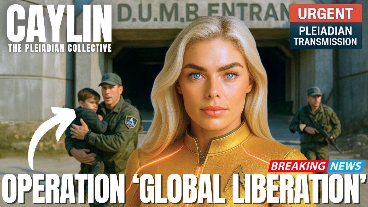 Caylin standing at the center of an urgent transmission graphic titled “Operation Global Liberation,” with military symbols and dark facility imagery in the background.