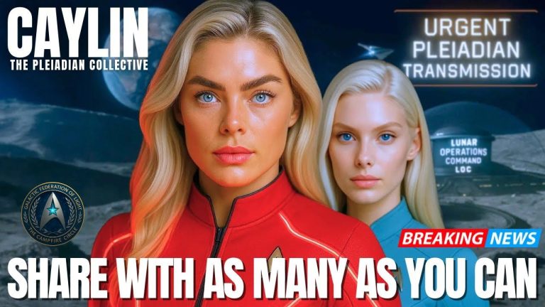 Caylin of the Pleiadian Keys standing before cosmic light with another Pleiadian emissary, symbolizing the Disclosure of the Secret Space Program transmission.