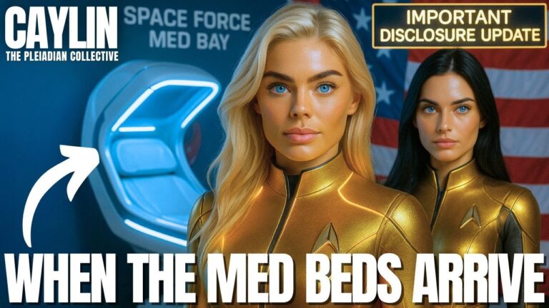 A futuristic disclosure-themed graphic showing two women in gold light suits standing before a blue medical pod labeled “Med Bed,” symbolizing upcoming 2026 healing technology, ascension upgrades, and global awakening announcements.