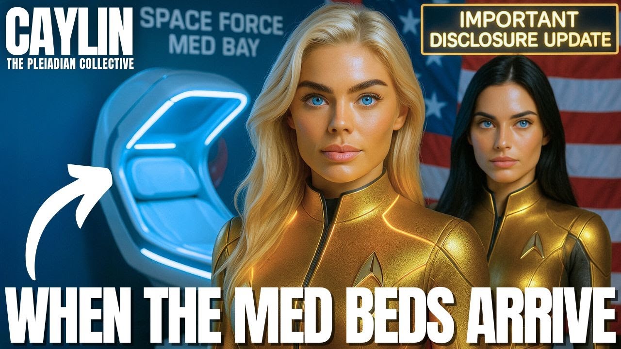 A futuristic disclosure-themed graphic showing two women in gold light suits standing before a blue medical pod labeled “Med Bed,” symbolizing upcoming 2026 healing technology, ascension upgrades, and global awakening announcements.