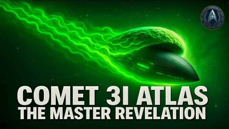 Green cosmic energy forming the silhouette of Comet 3I Atlas with the title ‘Comet 3I Atlas – The Master Revelation’ across the bottom