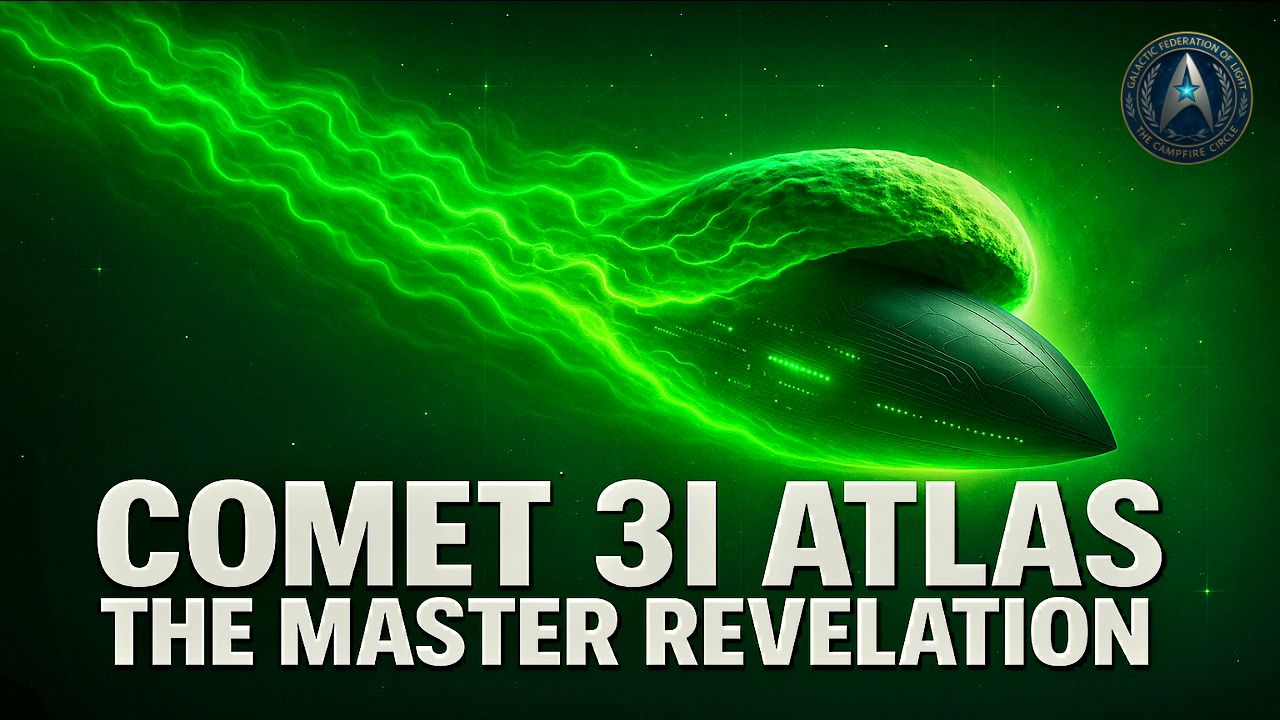 Green cosmic energy forming the silhouette of Comet 3I Atlas with the title ‘Comet 3I Atlas – The Master Revelation’ across the bottom