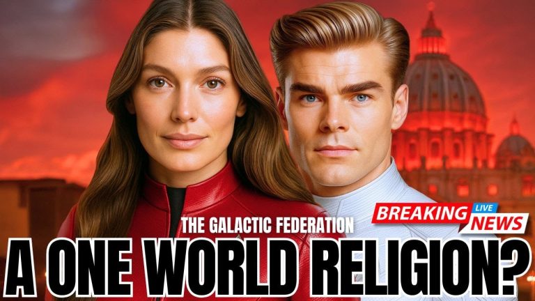 A dramatic red-themed graphic showing two fictional emissary-style figures standing side by side in front of a domed government-style building, with bold text reading “A One World Religion?” The image conveys tension around global spiritual shifts, unified faith themes, and questions about a coming ascension era, matching the Galactic Federation Ascension Update 2025 post about fear dissolving, faith unifying, and humanity preparing for 2027 contact.