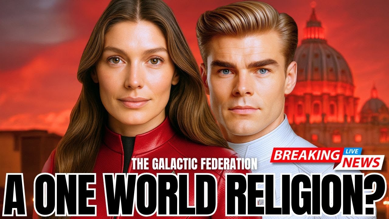 A dramatic red-themed graphic showing two fictional emissary-style figures standing side by side in front of a domed government-style building, with bold text reading “A One World Religion?” The image conveys tension around global spiritual shifts, unified faith themes, and questions about a coming ascension era, matching the Galactic Federation Ascension Update 2025 post about fear dissolving, faith unifying, and humanity preparing for 2027 contact.