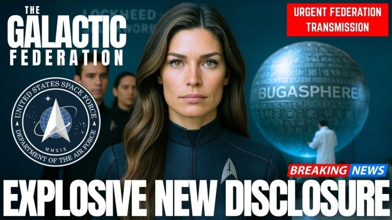 Explosive Galactic Federation energy update thumbnail showing a serious female emissary in front of Earth, Galactic Federation insignia, and bold headline “EXPLOSIVE NEW DISCLOSURE,” signaling urgent revelations, hidden programs surfacing, and a 2025 contact-timeline disclosure alert for starseeds and truth-seekers.