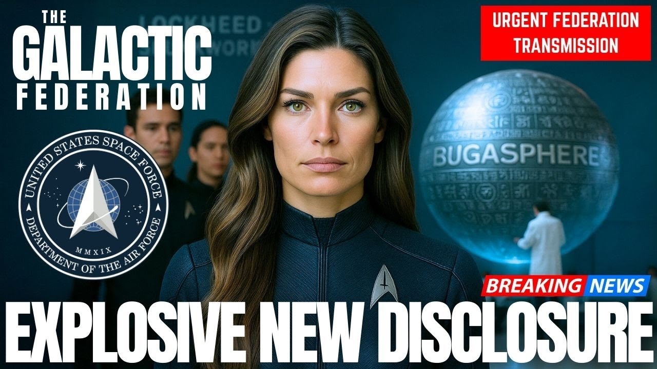 Explosive Galactic Federation energy update thumbnail showing a serious female emissary in front of Earth, Galactic Federation insignia, and bold headline “EXPLOSIVE NEW DISCLOSURE,” signaling urgent revelations, hidden programs surfacing, and a 2025 contact-timeline disclosure alert for starseeds and truth-seekers.