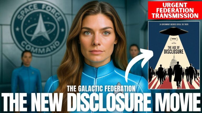 Promotional image for The Age of Disclosure documentary featuring a central female whistleblower framed by Galactic Federation symbolism, classified program graphics, and the bold title ‘The New Disclosure Movie,’ representing humanity’s first mainstream awakening trigger, insider testimony, and the unveiling of hidden galactic truths.