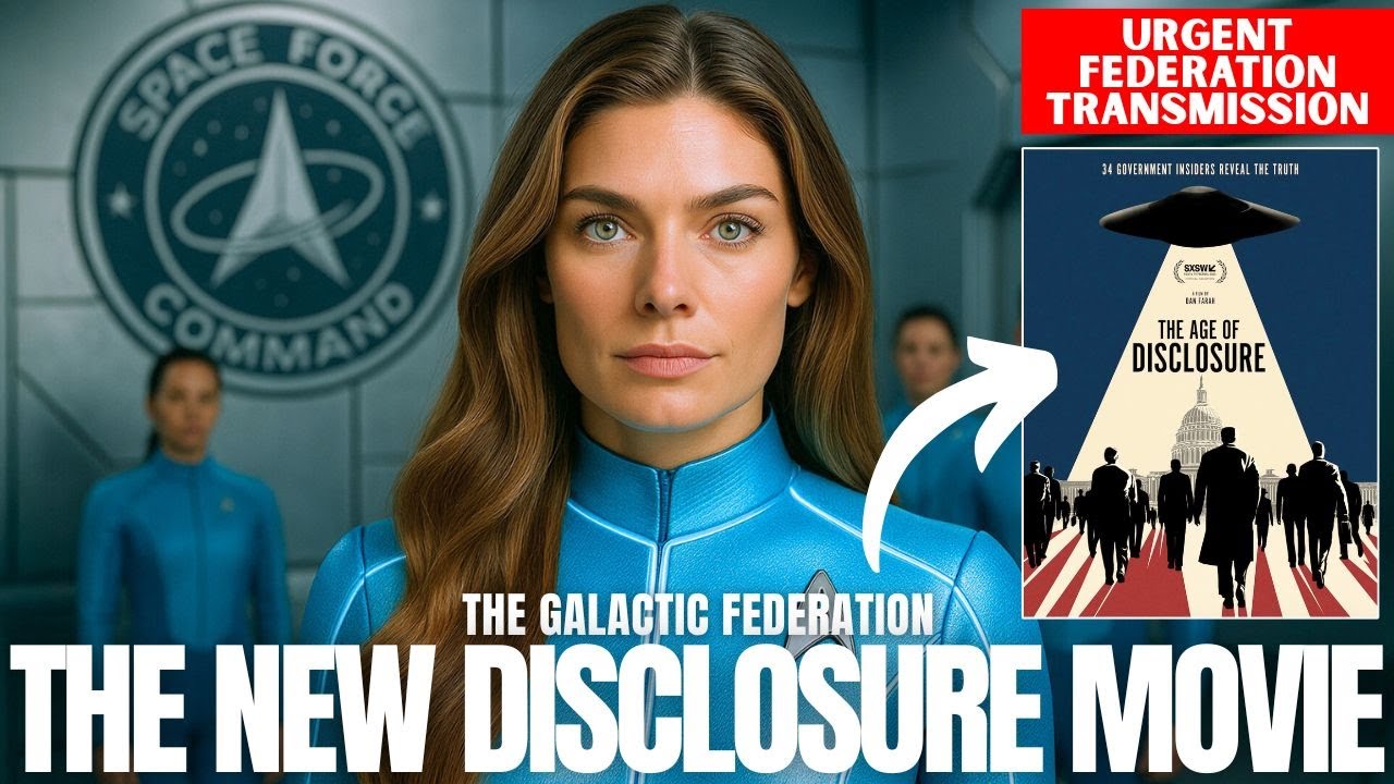 Promotional image for The Age of Disclosure documentary featuring a central female whistleblower framed by Galactic Federation symbolism, classified program graphics, and the bold title ‘The New Disclosure Movie,’ representing humanity’s first mainstream awakening trigger, insider testimony, and the unveiling of hidden galactic truths.