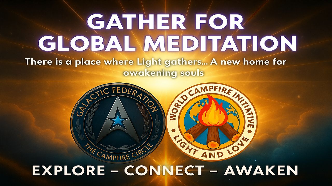 Promotional banner for the Galactic Federation and Campfire Circle Global Meditation featuring two emblems — a glowing star insignia and a campfire flame — with the text ‘Gather for Global Meditation: Explore – Connect – Awaken.
