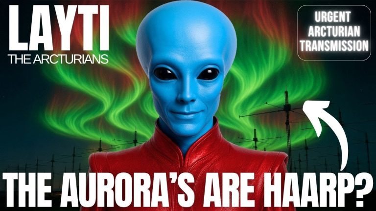 Blue Arcturian being Layti with glowing auroras behind him and the text “THE AURORA’S ARE HAARP?” from a Galactic Federation transmission.