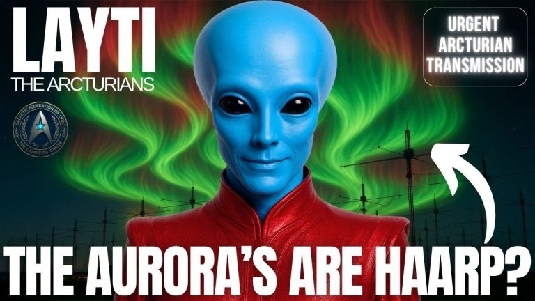 Blue Arcturian being Layti with glowing auroras behind him and the text “THE AURORA’S ARE HAARP?” from a Galactic Federation transmission.