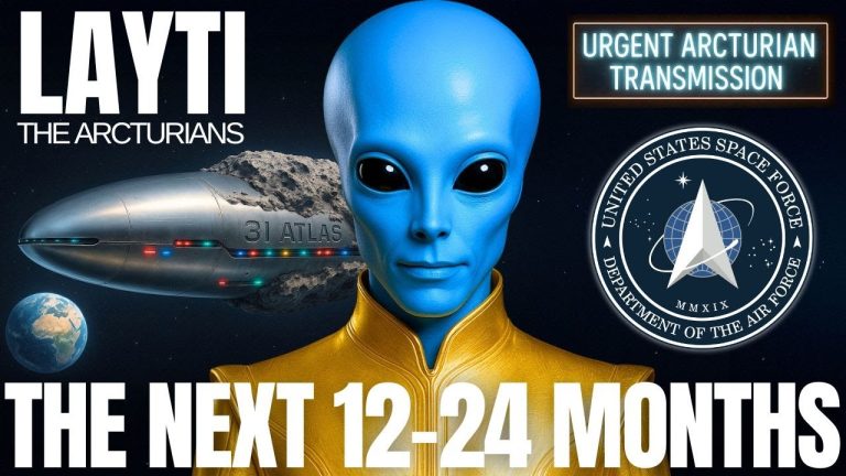 Arcturian being Layti with blue skin delivering an urgent galactic transmission titled ‘The Next 12–24 Months,’ featured in a cosmic-themed banner graphic.