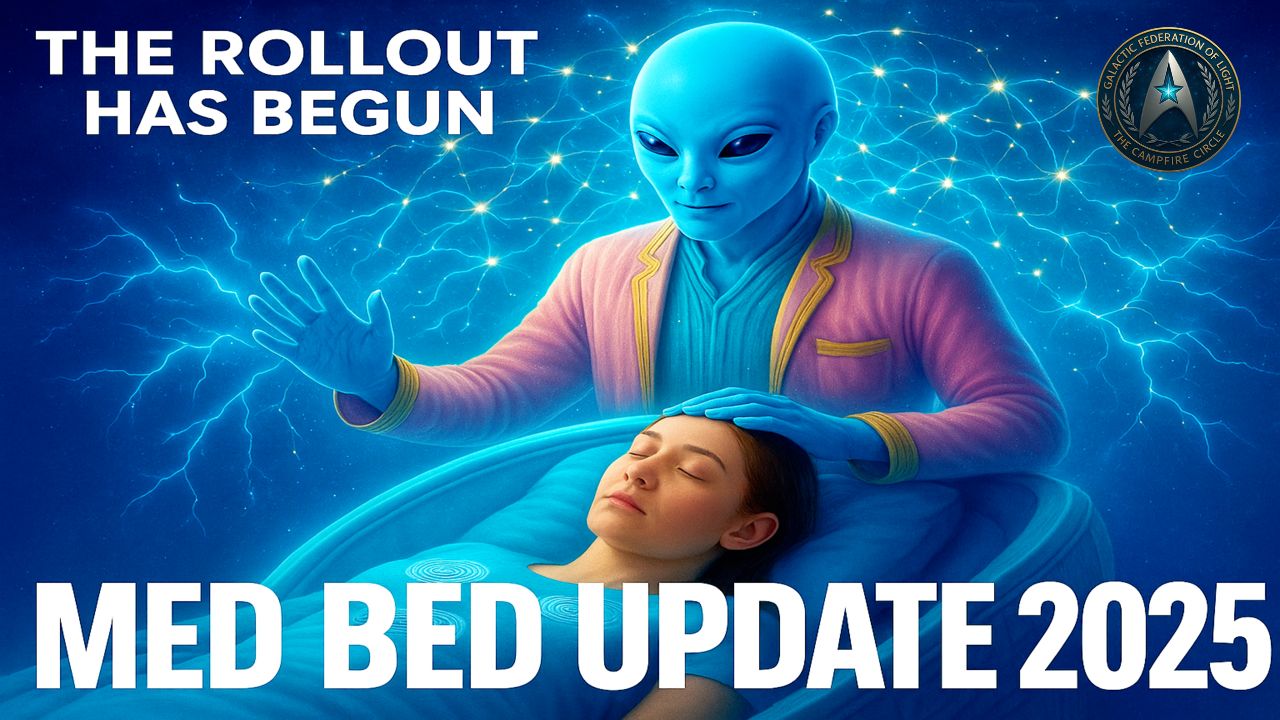 A luminous blue extraterrestrial healer places a hand over a resting human in a glowing med bed surrounded by sparkling plasma light, with text reading “Med Bed Update 2025 – The Rollout Has Begun