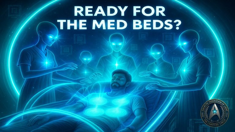 Blue-toned digital artwork showing a man lying on a glowing medical chamber surrounded by luminous beings performing energy healing, symbolizing advanced Galactic Federation Med Bed technology.