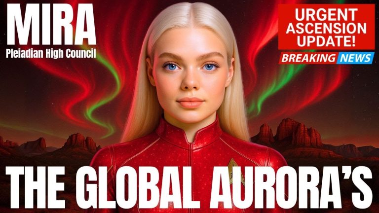 Mira of the Pleiadian High Council with luminous global auroras behind her, symbolizing heightened solar flash activity and planetary ascension energies