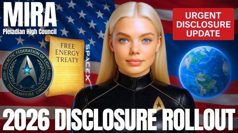 Portrait of Mira of the Pleiadian High Council with glowing blue-gold light around her head and the words “2026 Disclosure Rollout.” Symbolic artwork representing upcoming galactic disclosure and ascension guidance.