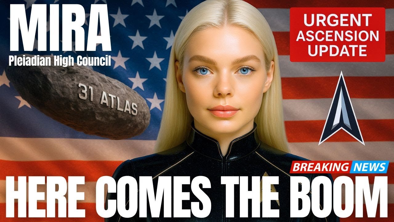 Graphic featuring a blonde Pleiadian woman identified as Mira, with a starship in the background and bold text reading “Here Comes the Boom” and “Urgent Ascension Update.