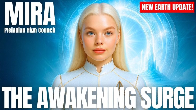 A powerful New Earth graphic featuring a Pleiadian emissary of light surrounded by blue cosmic energy with the headline “The Awakening Surge,” symbolizing the timeline shift and the elevation of starseeds who have outgrown survival consciousness.
