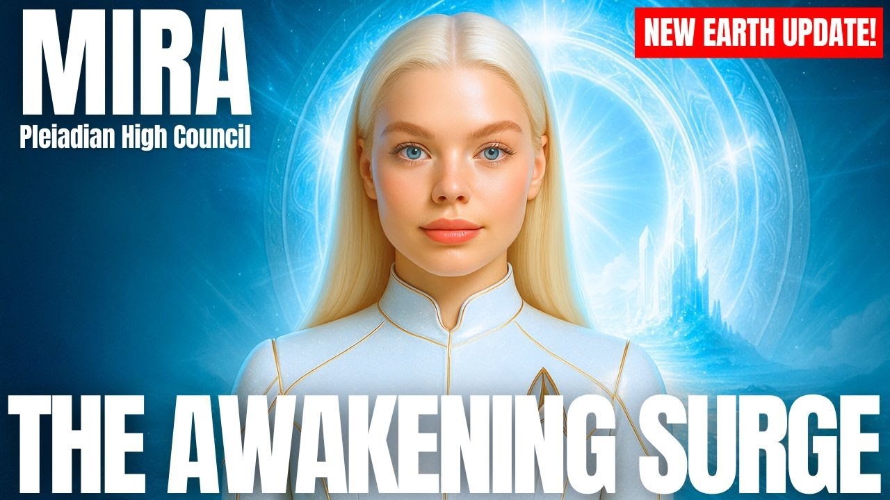 A powerful New Earth graphic featuring a Pleiadian emissary of light surrounded by blue cosmic energy with the headline “The Awakening Surge,” symbolizing the timeline shift and the elevation of starseeds who have outgrown survival consciousness.
