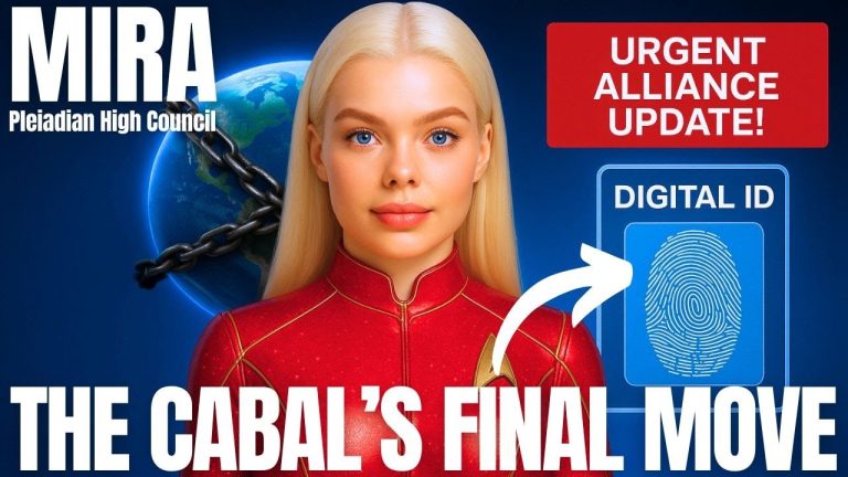 A digital graphic of Mira of the Pleiadian High Council standing before a cosmic blue background, with bold text reading “The Cabal’s Final Move.” The image includes a glowing fingerprint symbol representing Digital ID agendas and a red alert banner marked “Urgent Alliance Update.” Designed to highlight the spiritual exposure of the cabal’s digital ID illusion and Mira’s revelation of the true ascension lattice and humanity’s sovereign awakening.