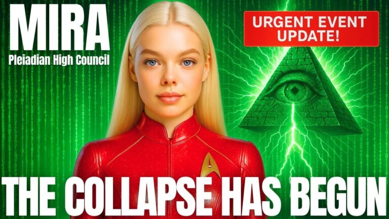 A Pleiadian-themed graphic featuring a blonde female extraterrestrial emissary standing before a glowing green energy field, with a collapsing Illuminati-style pyramid symbol behind her and the bold headline “THE COLLAPSE HAS BEGUN,” emphasizing the Deep State’s downfall and the approaching December awakening.