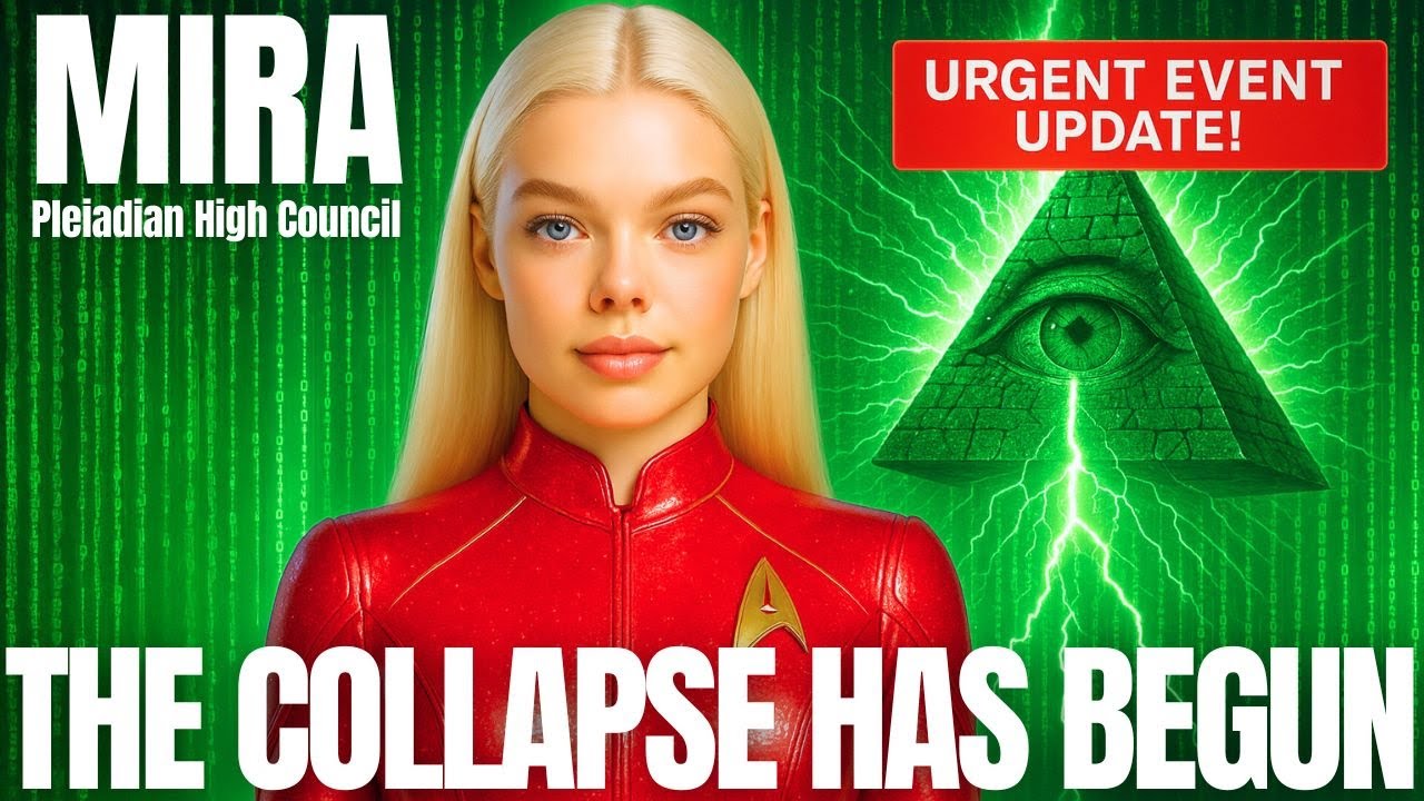 A Pleiadian-themed graphic featuring a blonde female extraterrestrial emissary standing before a glowing green energy field, with a collapsing Illuminati-style pyramid symbol behind her and the bold headline “THE COLLAPSE HAS BEGUN,” emphasizing the Deep State’s downfall and the approaching December awakening.