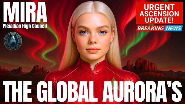 Mira of the Pleiadian High Council with luminous global auroras behind her, symbolizing heightened solar flash activity and planetary ascension energies