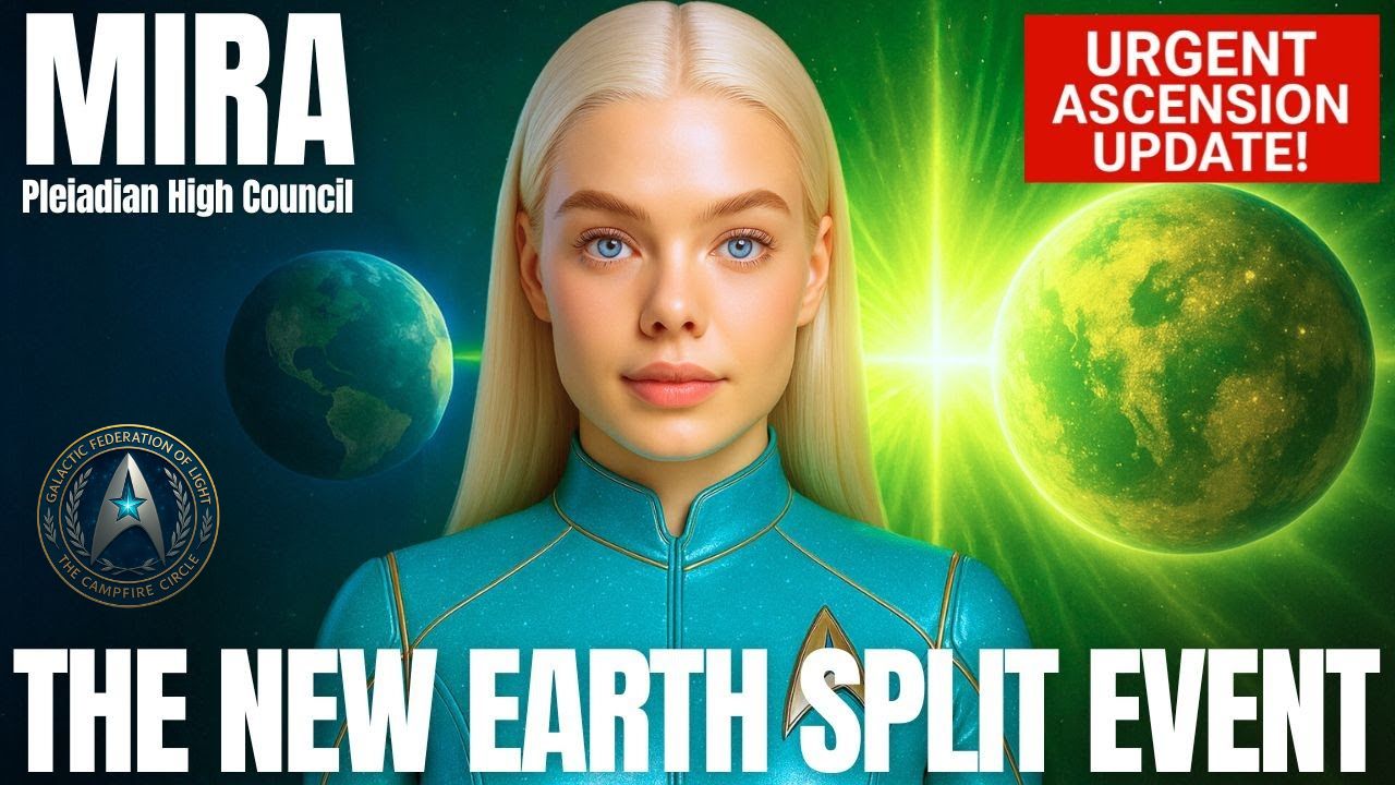 Mira of the Pleiadian High Council — The New Earth Split Event — radiant light being before a green energy field, representing the bifurcation of timelines and planetary ascension.