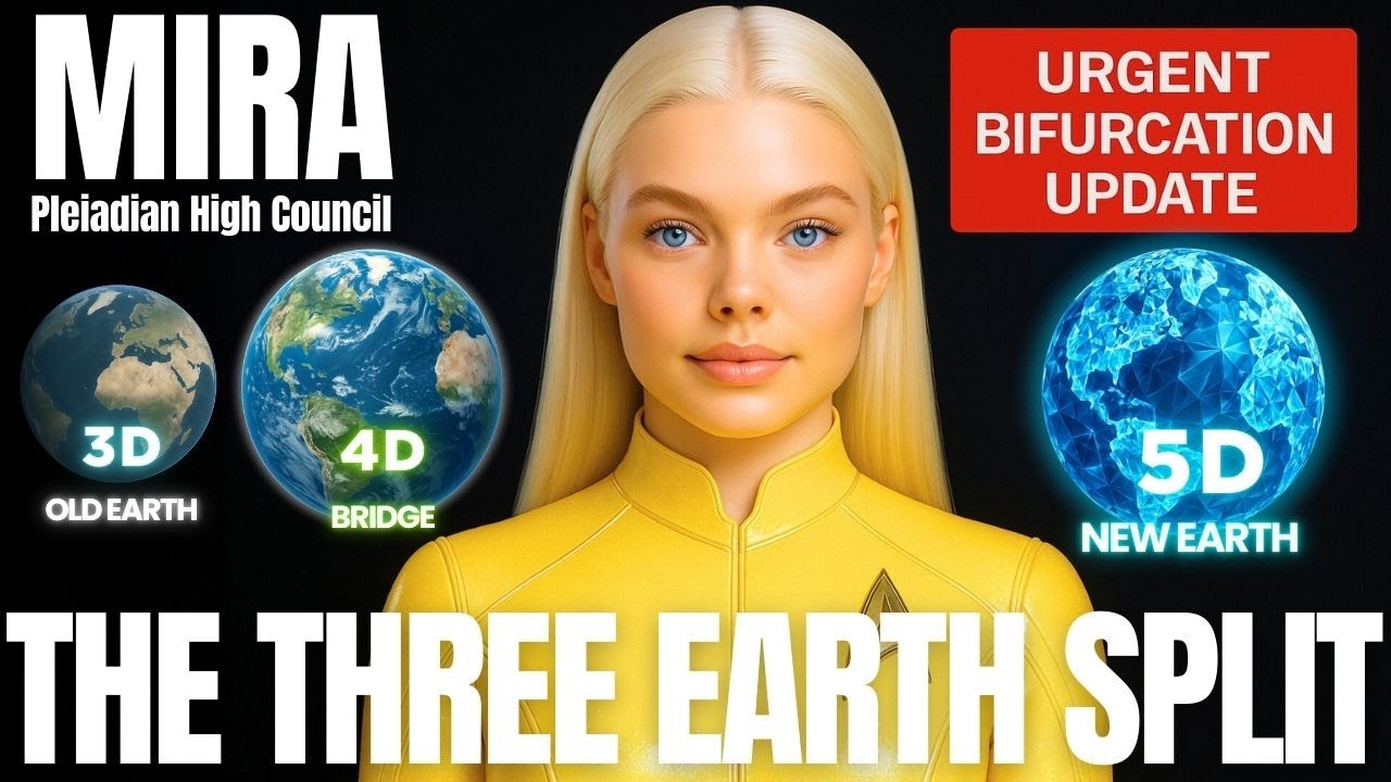 Bright golden-haired Pleiadian woman in a yellow suit delivering an ascension message, surrounded by three Earth graphics representing 3D, 4D bridge, and 5D New Earth timelines, with bold text reading ‘THE THREE EARTH SPLIT’ and an urgent bifurcation update banner; high-vibration starseed artwork used for 2025 Ascension Update about timeline divergence and multidimensional Earth realities.