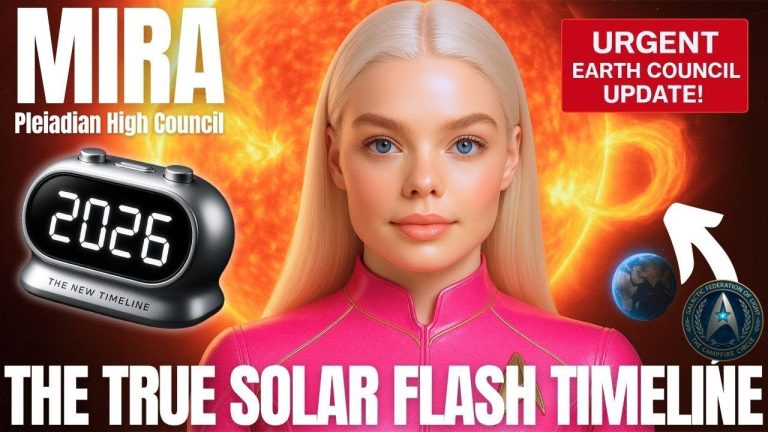 Mira of the Pleiadian High Council delivering an urgent message about the True Solar Flash Timeline for 2026, with radiant cosmic light and ascension imagery