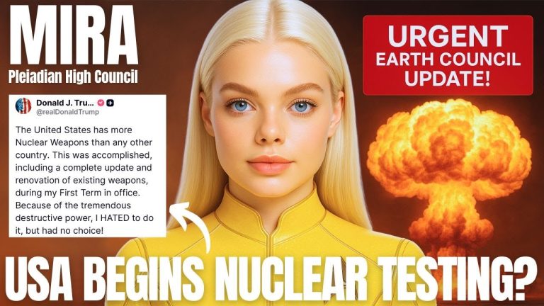 Mira of the Pleiadian High Council delivering an urgent Earth Council update about claims of new U.S. nuclear testing, with explosion imagery in the background.