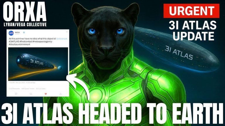 Lyran being Orxa with green luminous suit and headline ‘3I Atlas Headed to Earth’ in an urgent cosmic update graphic.