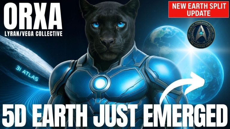 Orxa of the Vega Collective surrounded by blue cosmic light, representing the emergence of 5D Earth and the next phase of planetary awakening.